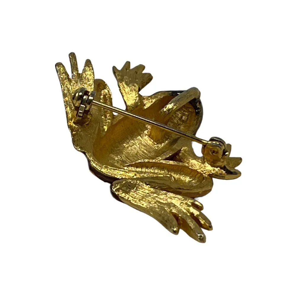 Frog Brooch Brown Enamel Pendant Green Yellow‎ Spots Gold Tone